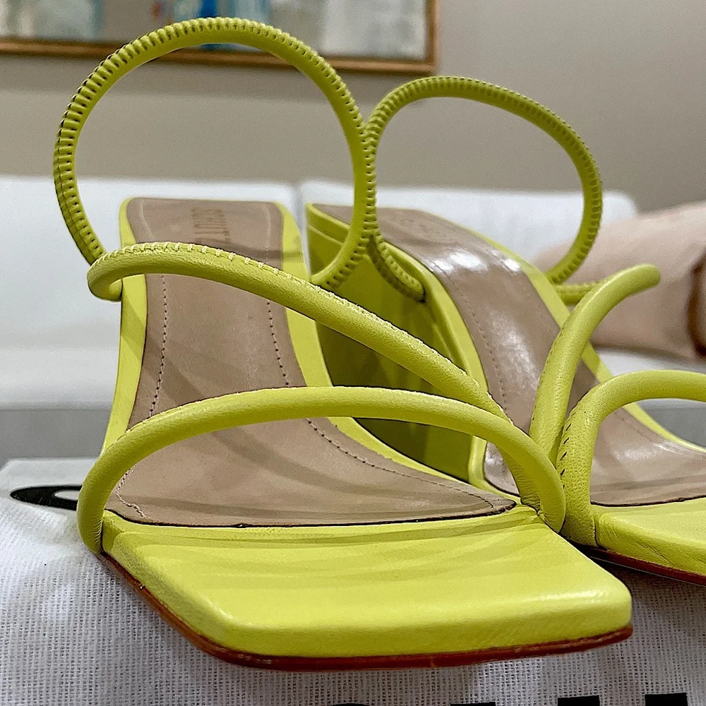 NIB SCHUTZ chartreuse LEATHER strappy wedge sandals lime apple zesty yellow 6.5 - Picture 15 of 16